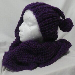 Knitted Purple Scarf with Hood and Pom-Poms